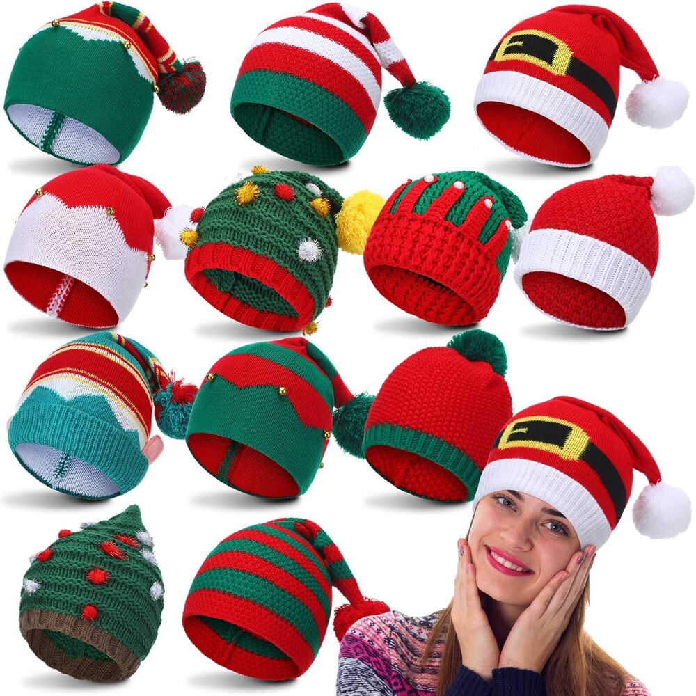 3143 12 Pcs Christmas Knitted Hat Winter Santa Hat with Pom Xmas Elf Knit